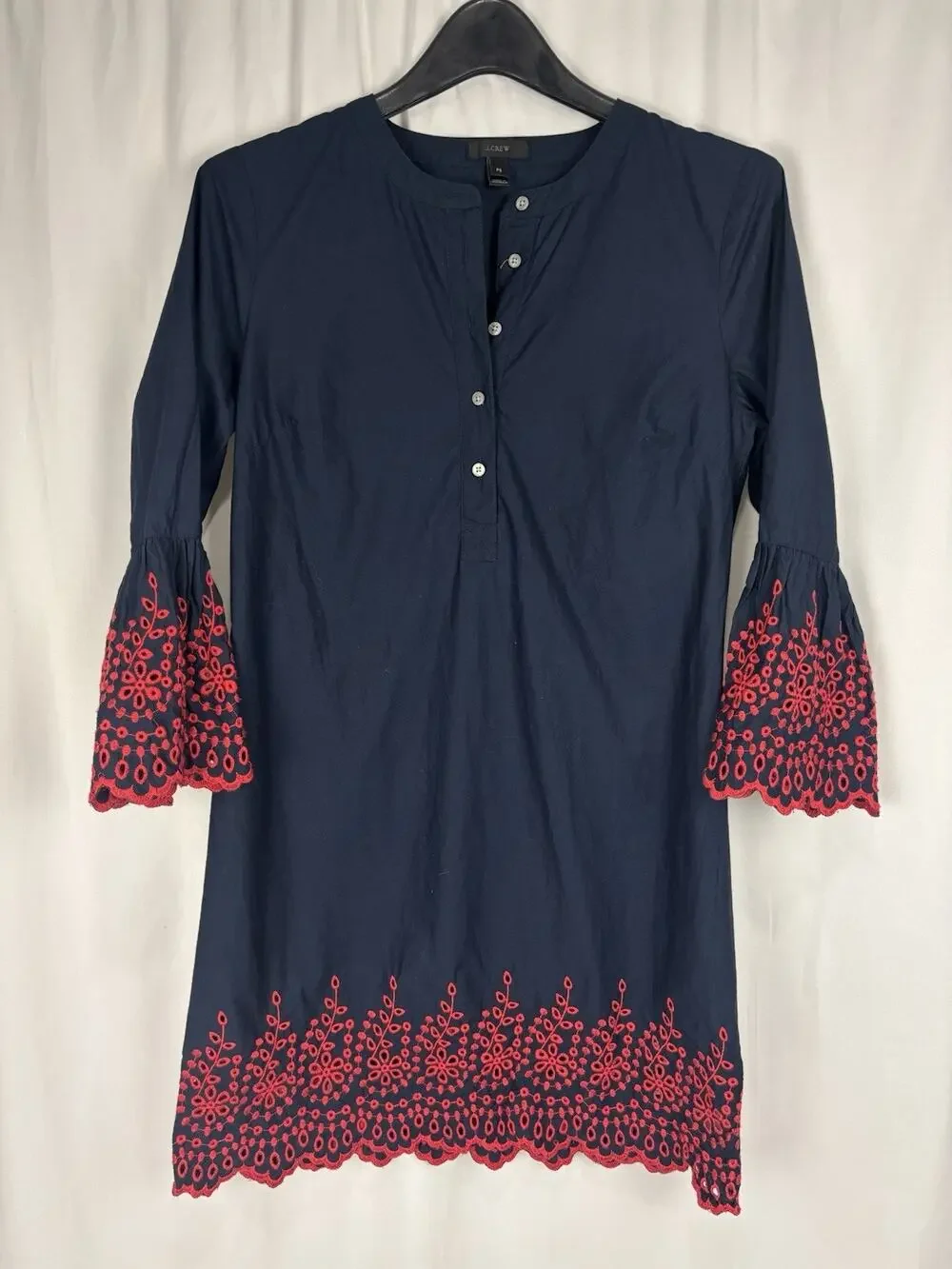 J.Crew Dress Women Petite S Eyelet Bell Sleeves Blue Shift Multicolor 3/4 Sleeve